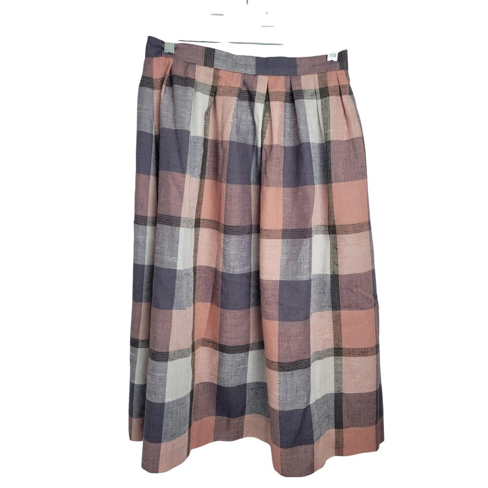 JH Collectibles Plaid Pleated Midi Skirt Vintage Farmhouse Pink Gray Womens 14